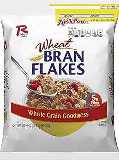 Cereal bag of wheat bran flakes with spoon.