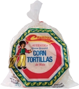 Bag of stone ground corn tortillas, colorful packaging.