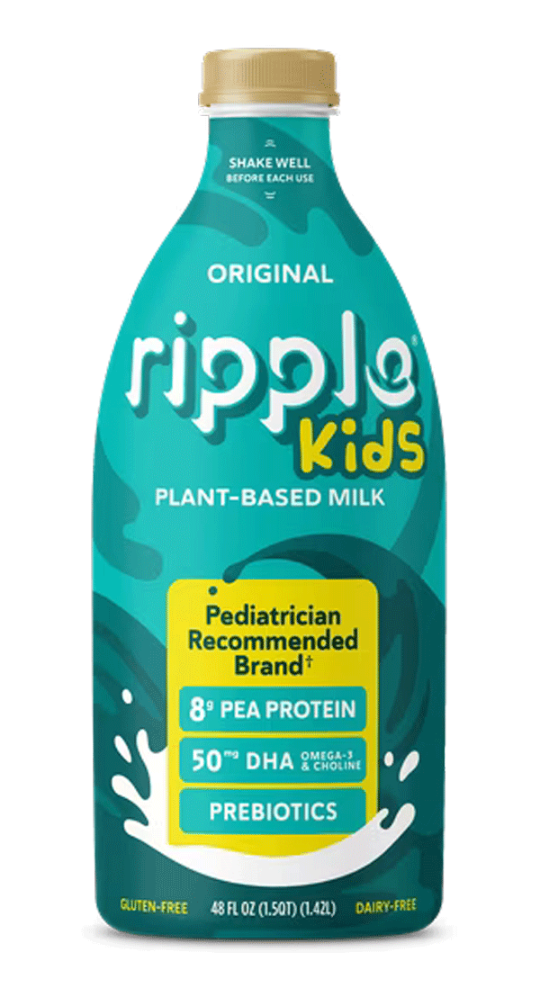 Ripple Kids plant-based milk bottle with nutrition labels.