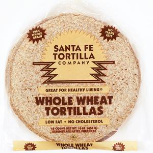 Whole wheat tortillas in clear packaging, promoting health benefits.