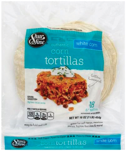 Pack of white corn tortillas, labeled for easy use.