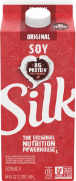 Red Silk soy milk carton with nutrition branding.