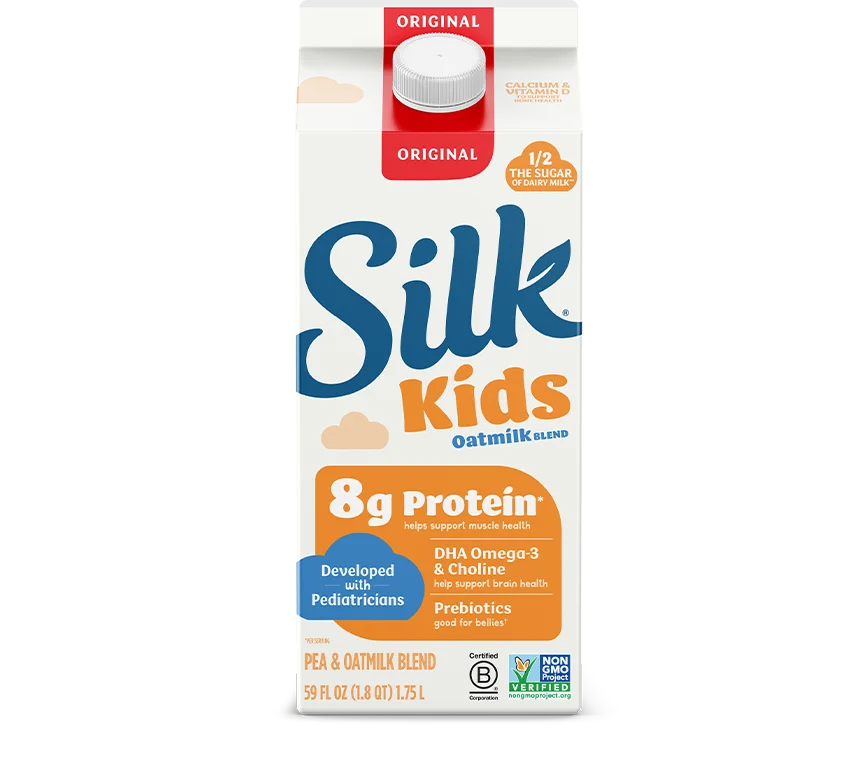 Silk Kids Oatmilk carton with nutritional highlights.