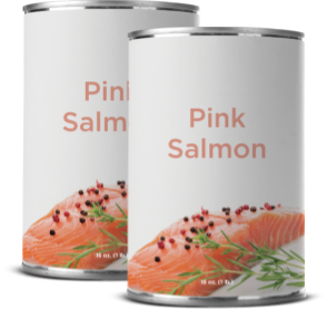 Two cans of pink salmon with herbs.