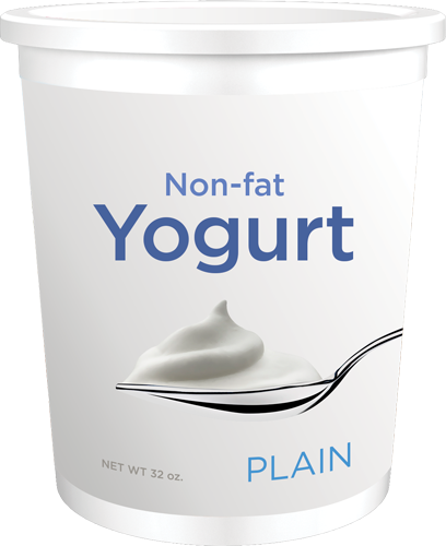 Plain non-fat yogurt container with spoonful.