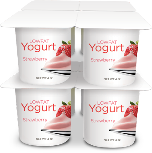 Four-pack of strawberry low-fat yogurt containers.