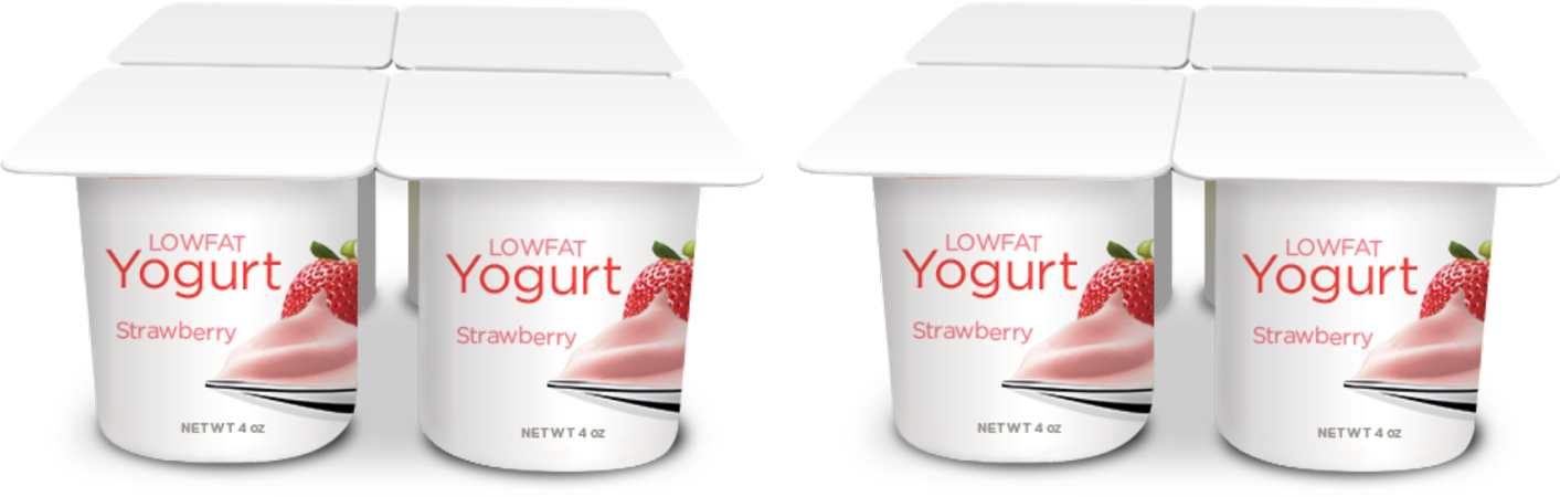 Four low-fat strawberry yogurt containers grouped together.