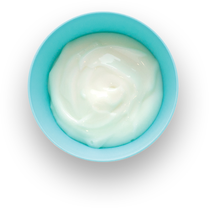 Blue bowl containing creamy white yogurt.