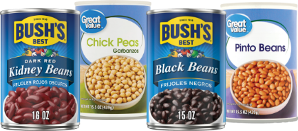 Four cans of beans arranged side by side.