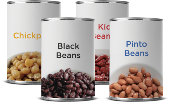 Four cans of beans variety displayed together.