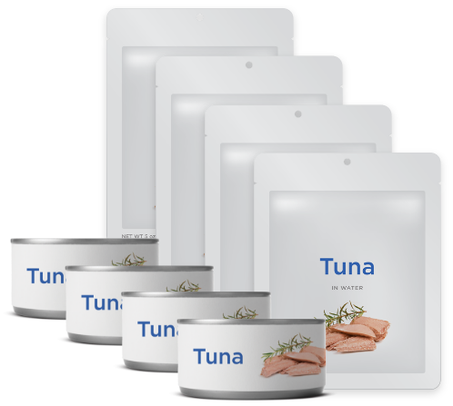 Tuna cans and pouches displayed neatly in rows.