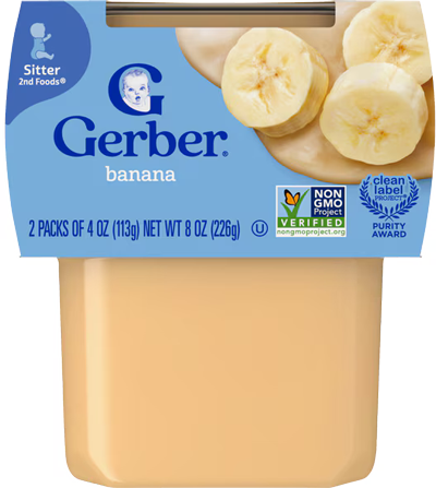 Gerber banana baby food container with sliced bananas.