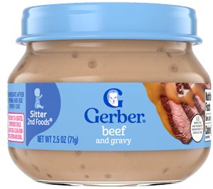 Gerber baby food jar with beef and gravy.