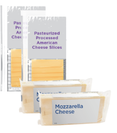 Cheese packages showing American and mozzarella varieties.