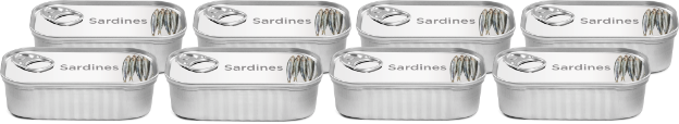 Seven sardine cans stacked in two neat rows.