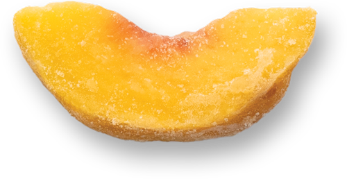 Frozen peach slice with frosty coating.