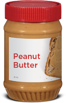 Jar of peanut butter with red lid.