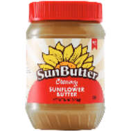 Jar of creamy sunflower butter with a red lid.