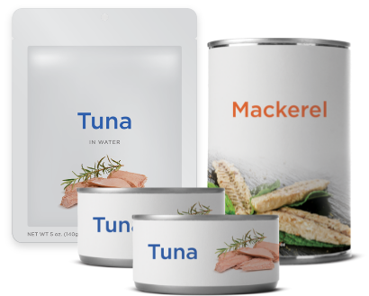 Packaged tuna and mackerel displayed together.