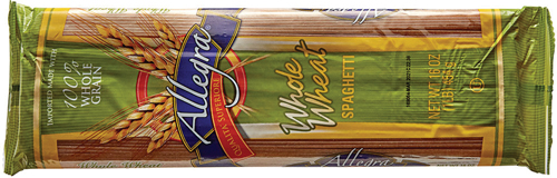 Whole wheat spaghetti package with green label design.