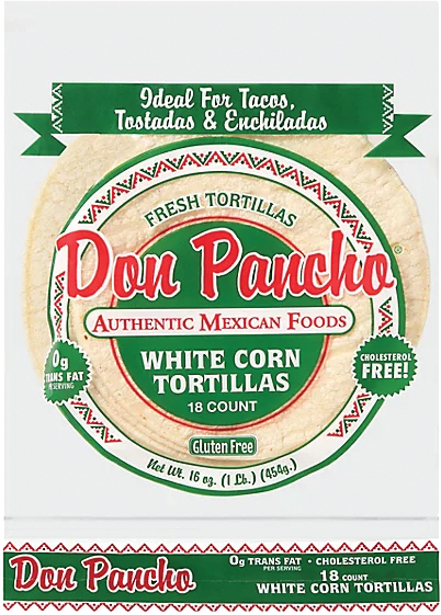 Don Pancho white corn tortillas package, gluten-free label.