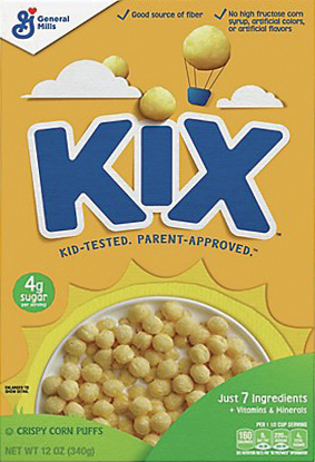Kix cereal box with corn puffs and nutrition highlights.