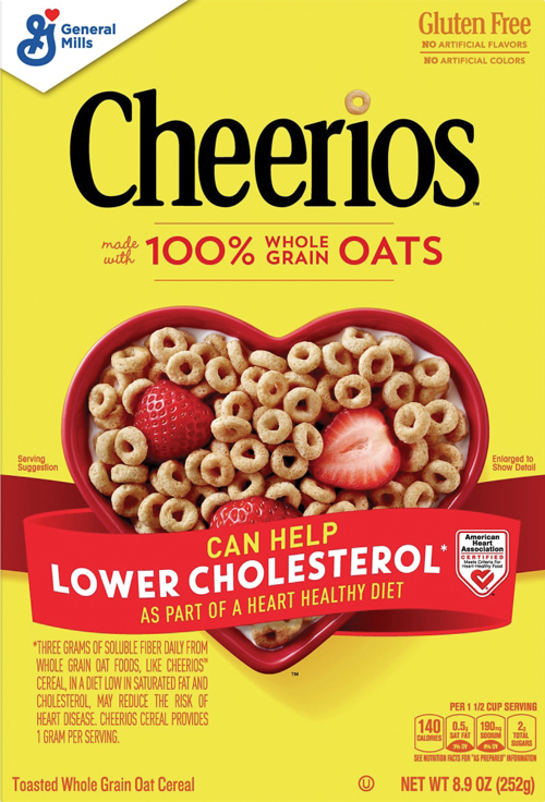 Cheerios box featuring heart-shaped bowl with strawberries.