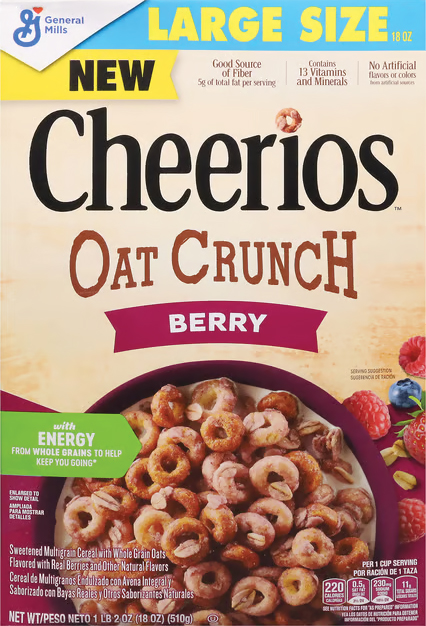 Cheerios Oat Crunch Berry cereal box, large size.