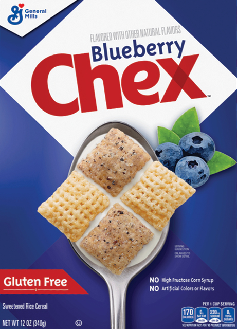 Blueberry Chex cereal on a spoon with blueberries.