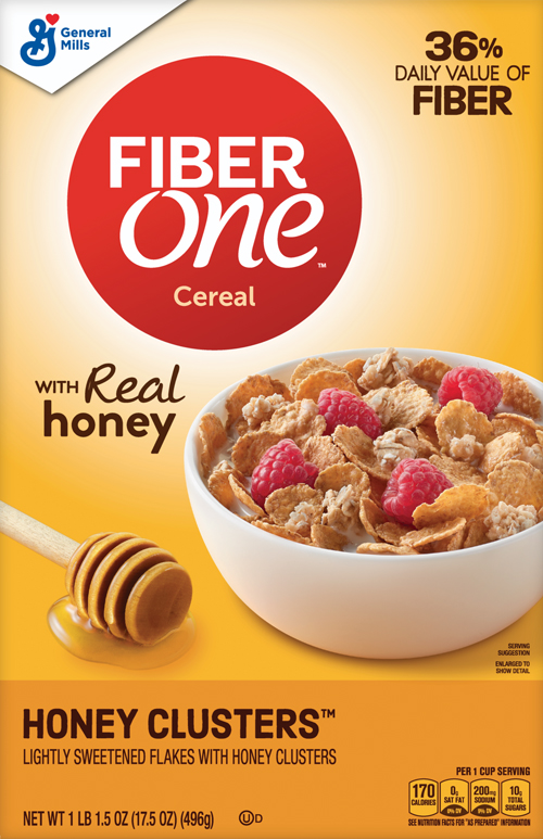 Fiber One cereal with raspberries and honey dipper.