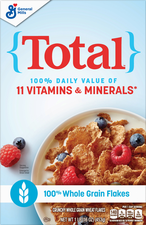 Cereal box with whole grain flakes and berries.