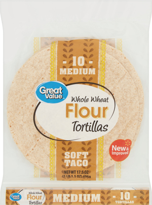 Pack of whole wheat flour tortillas, labeled soft taco.