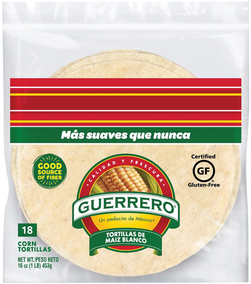 Guerrero corn tortillas, gluten-free packaging displayed.