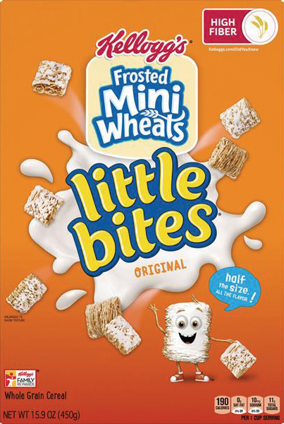 Cereal box with smiling character and mini wheat squares.