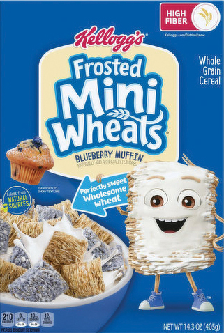 Kellogg’s Frosted Mini Wheats cereal box with blueberry muffin.
