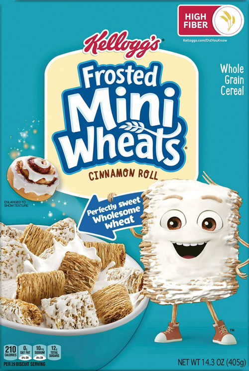 Cereal box with animated wheat character waving cheerfully.