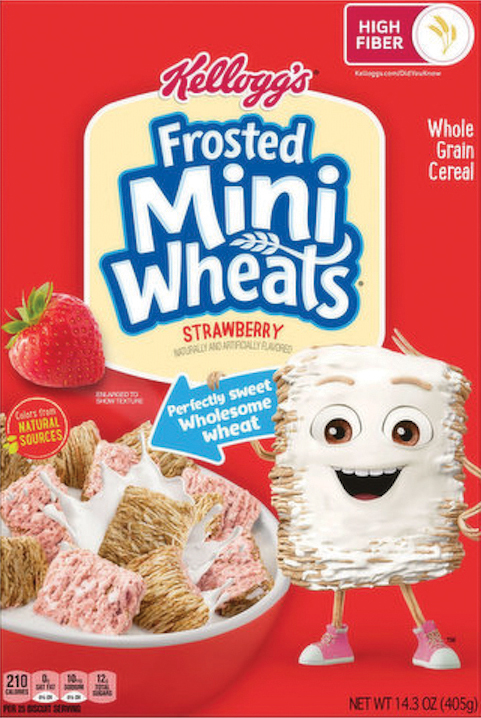 Smiling cereal character with strawberry Mini-Wheats.