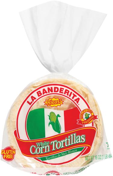 Pack of white corn tortillas sealed in plastic.