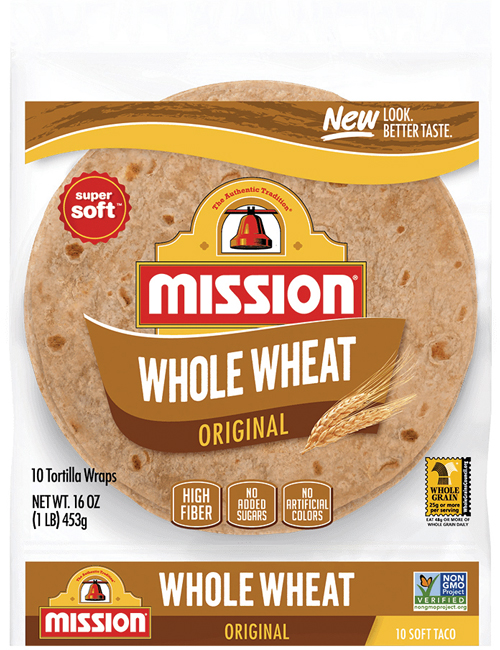 Package of Mission whole wheat tortilla wraps.