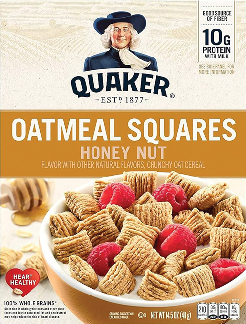 Quaker Oatmeal Squares cereal with raspberries in bowl.