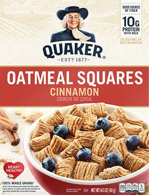 Quaker Oatmeal Squares cereal with blueberries in bowl.