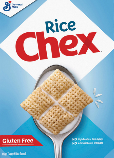Spoon with Rice Chex cereal in milk.