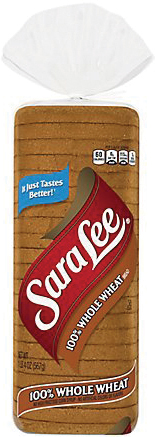 Loaf of Sara Lee whole wheat bread packaged.