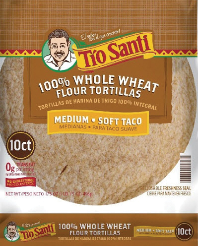 Whole wheat tortillas packaged for soft tacos, medium size.