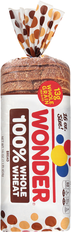 Wonder 100% Whole Wheat Bread in plastic packaging.