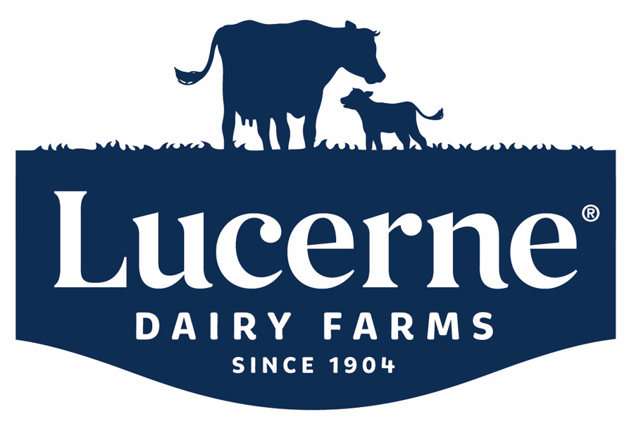 Cow and calf in Lucerne Dairy Farms logo.