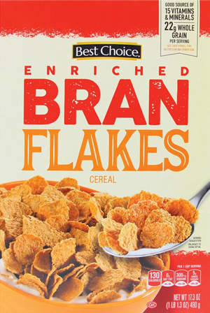 Best Choice Bran Flakes cereal box with flakes image.