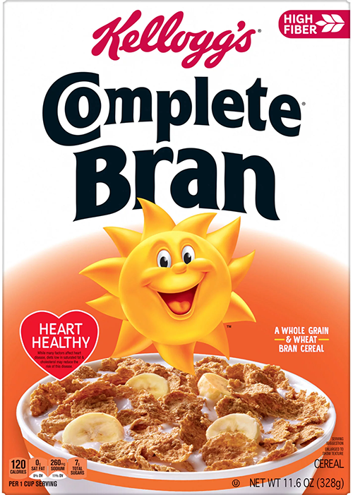 Cereal box with sun logo, Complete Bran text.