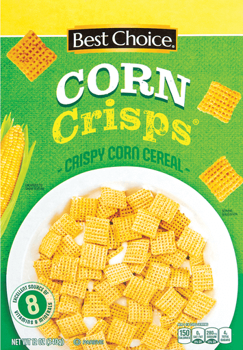 Corn crisps cereal box with yellow corn graphics.