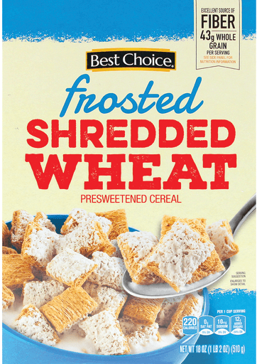 Cereal box with frosted shredded wheat in bowl.